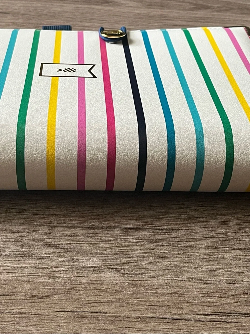 Emily Ley Happy Stripe Faux Pebbled Leather 7 Ring Planner Organizer Cover